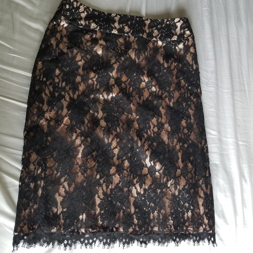 Banana Republic black lace over rose gold pencil skirt